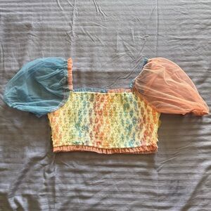 Pants Store Milli Floral Puff Sleeve Crop Top Pastel Mesh Medium NWT